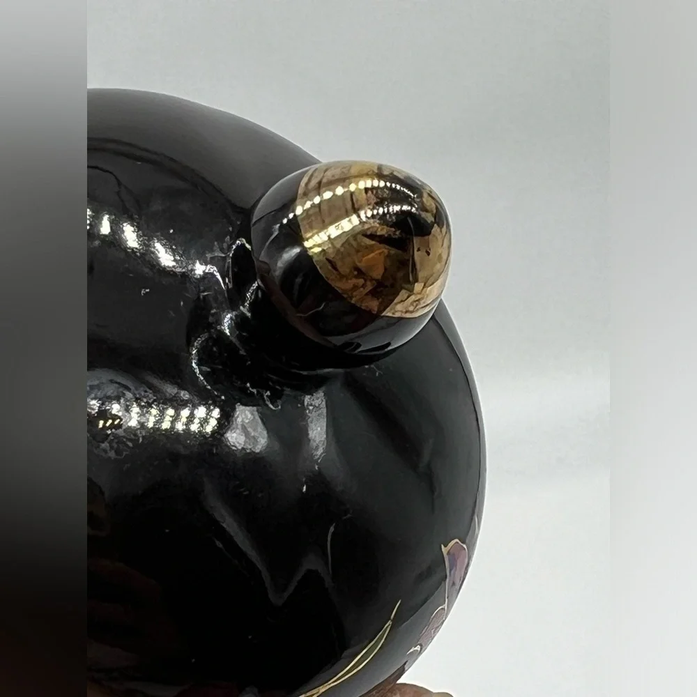 Ornate Japanese Black Glazed Ceramic Ginger Jar